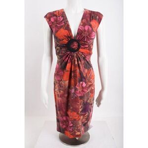 Cache Wool Blend Floral Sheath Dress Sz 2 Twist Front Buckle Red Pink V-Neck NWT